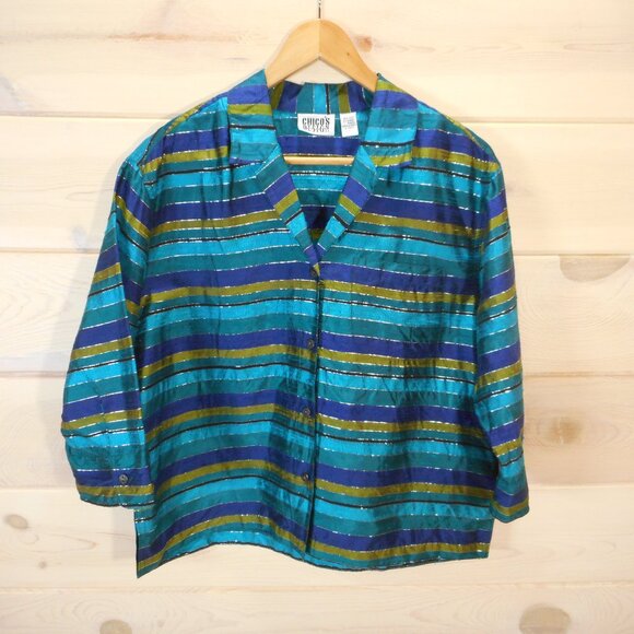 Chico's Design size 1 Womens M Turquoise Blue Raw Silk Striped Jacket Top - Picture 1 of 11